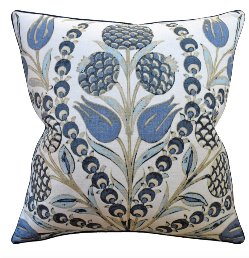 Pillow, white background, blue and beige flowers